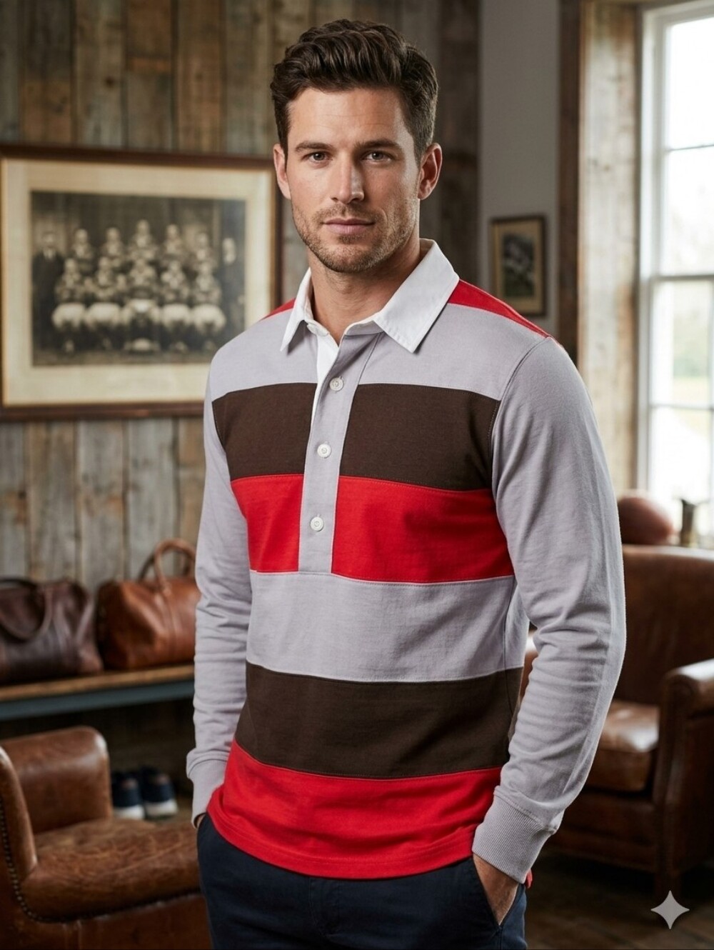 957 DANIEL W. FLETCHER London Oversized Striped Rugby Shirt - Red Grey XS